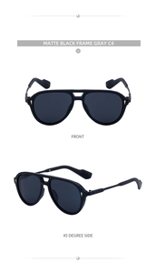 Detail of matte black pilot sunglasses with grey lenses and gold diamond accents