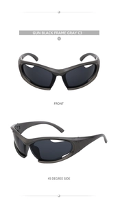 Y2K sporty wrap sunglasses in gun black frame and gray lenses from front and side view
