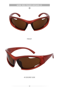 Front and side view of wine red wrap around sports sunglasses with brown lenses
