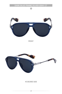 Detail view of pilot sunglasses with dark blue frame and silver metal temples
