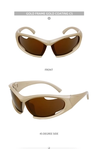 Close-up of Y2K sports sunglasses with gold frames and reflective lenses C5