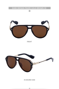 Detail view of pilot sunglasses with dark brown frame and golden metal accents