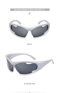 Detailed views of silver Y2K sports sunglasses with metallic frames and mirrored lenses