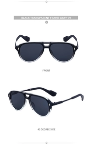 Detail of aviator sunglasses featuring black transparent frames and gray lenses at 45 degrees