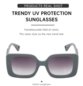 Detailed view of Morandi grey square frame sunglasses with UV protection gradient lenses