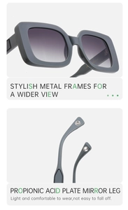 Detail view of square sunglasses with purple gradient lenses and metal hinge structure
