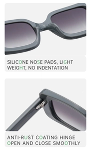 Detail of soft silicone nose pads and durable anti-rust metal hinges on square sunglasses