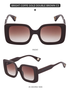 Detail of coffee gold square sunglasses with brown gradient lenses and cutout temples