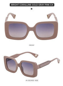 Front and side view of coral pink square sunglasses with gradient lenses and metal logo
