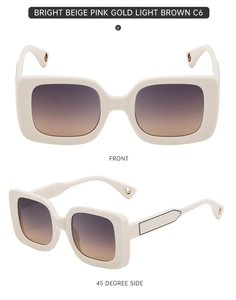 Detail of square beige sunglasses frame with gradient lenses and gold temple accents