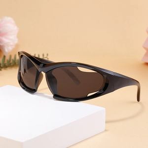Y2K sporty wraparound sunglasses in glossy black frame with dark tinted lenses