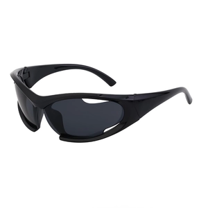 Y2K sporty wraparound sunglasses with sleek black frame and futuristic shield design