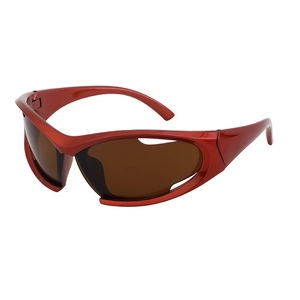 Y2K sporty wraparound cycling sunglasses with bright red frame and tinted lenses