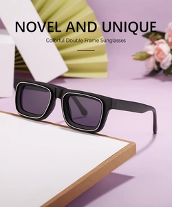 Détail de lunettes de soleil rectangulaires à double monture noire avec verres UV