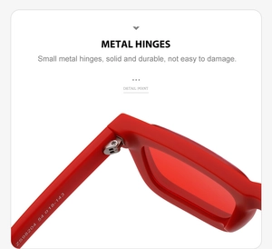 Détail des charnières métalliques et des dimensions sur les lunettes de soleil carrées rouges