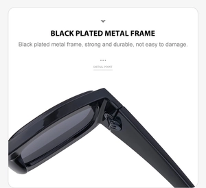 Detail of sturdy black plated metal hinge and frame for small rectangular sunglasses