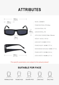 Detailed size chart and dimensions of square frame sunglasses with PC and alloy materials