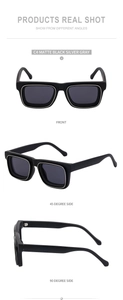 Trois vues de lunettes de soleil carrées noir mat avec des détails de bordure gris argent