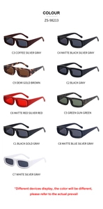 Detailed view of retro rectangular sunglasses in nine colors with metal accents