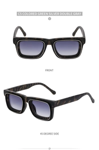 Détail de lunettes de soleil carrées rétro avec monture camouflage et verres dégradés
