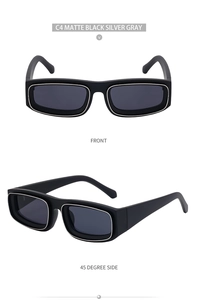 Detailed front and 45-degree side view of matte black sunglasses with silver frame edges