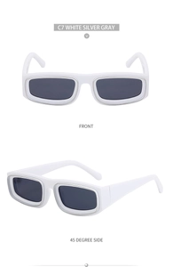 Front and 45-degree side views of white rectangular sunglasses with silver gray lenses