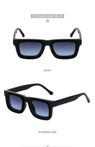 Vues de face et de profil à 45 degrés de lunettes de soleil carrées noires aux verres bleu-gris