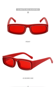 Detail view of matte red rectangular sunglasses with silver metal inlay and C6 color tint