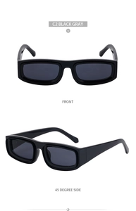 Close-up of square black frame sunglasses showing front and 45-degree side view