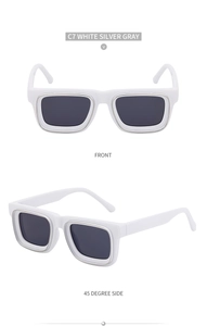 Vues détaillées de face et de profil à 45 degrés de lunettes de soleil blanches aux verres gris