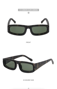 Detail view of rectangular sunglasses with green gun green frames and camo print patterns