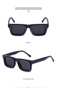 Vue détaillée des lunettes de soleil bleu mat avec garniture métallique gris argenté