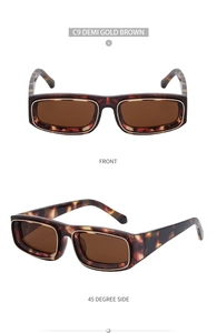 Detail view of Demi Gold Brown rectangular sunglasses showing front and 45-degree angles