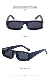 Front and side view of matte blue rectangle sunglasses with silver metal accents