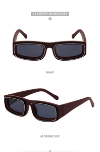 Front and 45-degree side views of coffee silver gray rectangular sunglasses