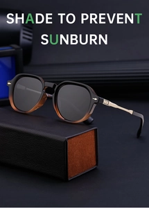 Polarized sunglasses with gradient frames and gold metal temples on a leather case
