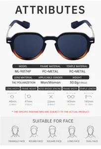 Detailed size chart for retro polarized sunglasses showing frame width and lens dimensions