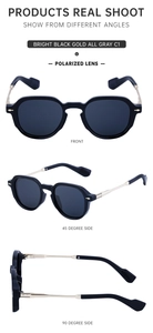 Detailed views of black polarized sunglasses with golden metal temples from multiple angles