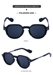 Detail view of polarized sunglasses in sand black gold frame with gray lenses