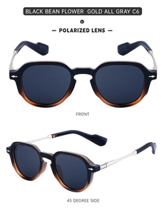Front and 45-degree side view of tortoise and black polarized sunglasses with gold temples