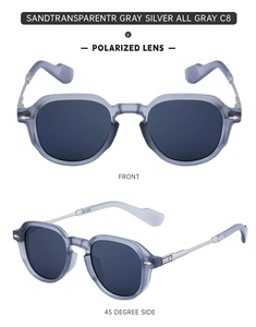 Detailed front and 45-degree side view of matte gray polarized sunglasses with silver metal temples