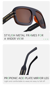 Detail of square sunglasses showing lightweight propionic plate temples and gold hinges