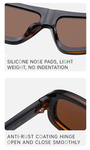 Detail of comfortable silicone nose pads and durable metal hinges on tortoiseshell sunglasses