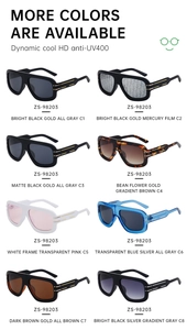 Detailed grid of oversized square sunglasses featuring UV400 lenses and Oblique patterns