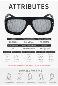 Detailed size specifications and material chart for large square frame sunglasses