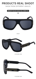 Three-angle view of black square sunglasses with gold accents and gray lenses