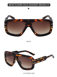 Detail of square tortoiseshell sunglasses with gradient brown lenses and gold accents