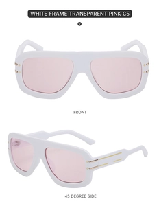 Detail view of white square sunglasses with pink lenses and gold metal accents