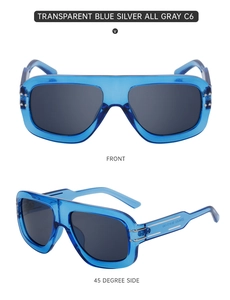 Detail view of transparent blue square sunglasses with grey lenses and silver metal trim