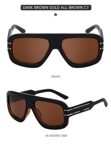 Front and 45-degree side views of dark brown square sunglasses with gold metal trim